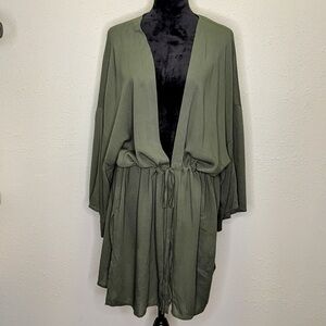 Lovestich Olive Green Kimono with Drawstring Waist - 1X